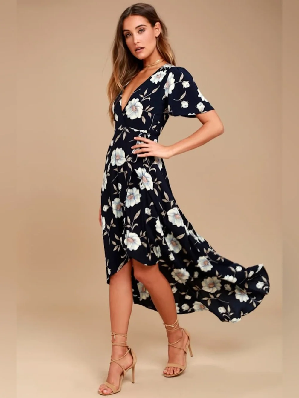 Lulus Lake Como Navy Blue Floral Print High-Low Wrap Dress size S - Picture 2 of 7